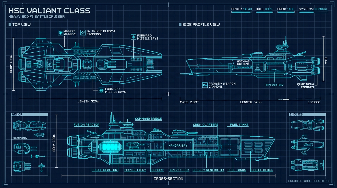 A technical orthographic blueprint schematic of a heavy sci-fi battlecruiser spaceship. Top view, side view, and cross-section details. Flat dark navy blue background with bright cyan geometric wireframe lines, precise measurement crosshairs, telemetry data, and glowing mechanical labels. 16-bit pixel art style, clean pixel clusters, architectural blueprint grid overlay.