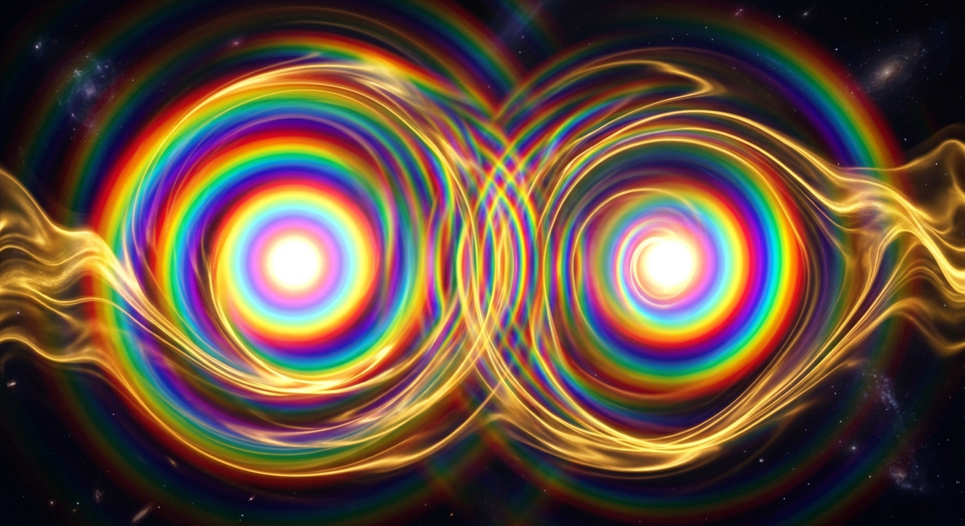 Concentric circle shift and overlap of multi-coloured rainbow light and white hot centres with gold ebbing and flow to the pulses around about 8.33 hz frequency with deep large 2meter wavelength