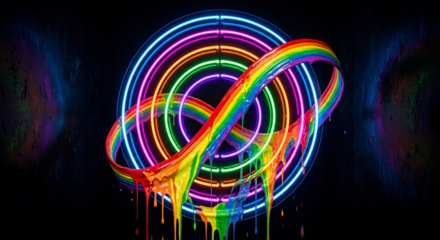 Neon lit Concentric circles on a dark high contrast background with continuous ribbon passed through the circles with rainbow melting, dripping multi-coloured rainbow style paint.