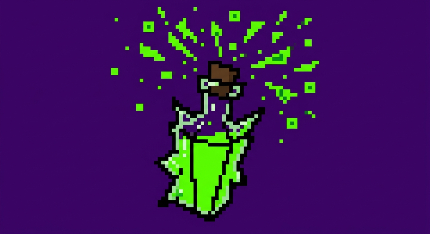 A minimalist 8-bit retro video game graphic of a jagged, angular glass potion bottle. The bottle has a bold black outline and is filled with solid neon green liquid. Small square green pixel droplets and geometric magic shards burst outward from the cork top. Flat solid deep purple background, sharp vector-style pixel art.