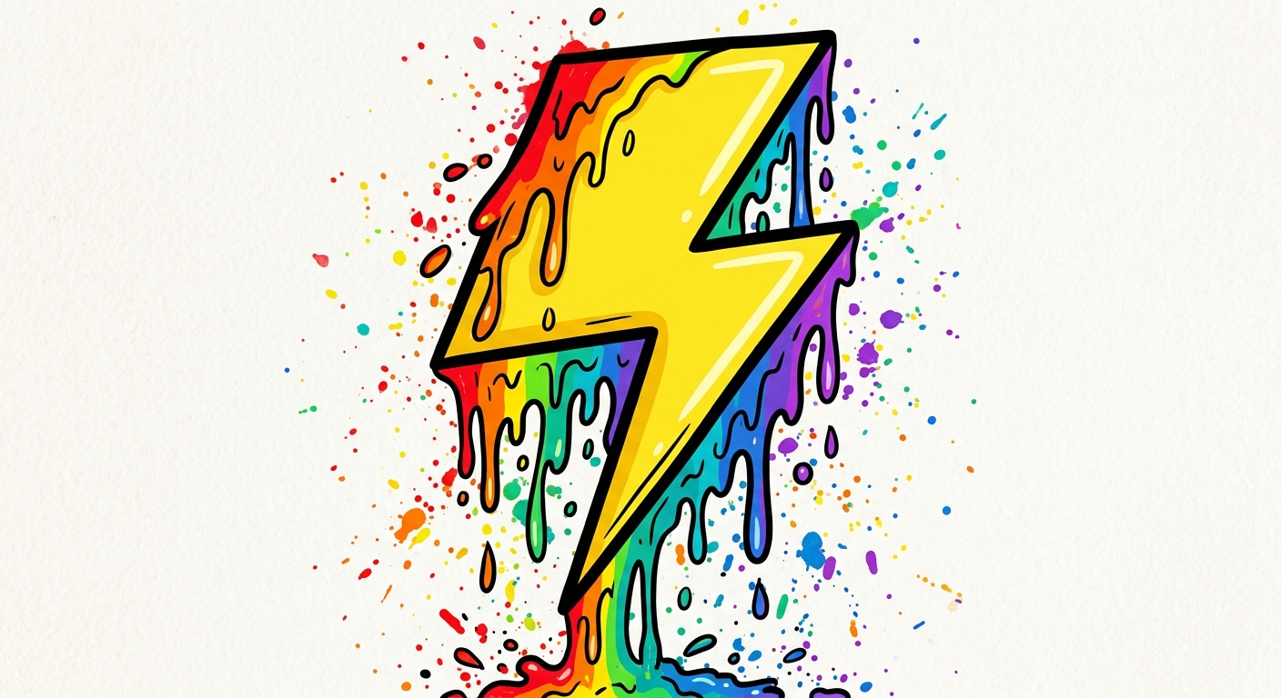 2D cartoon outline of a thunderbolt with rainbow coloured dripping paint splatters on it