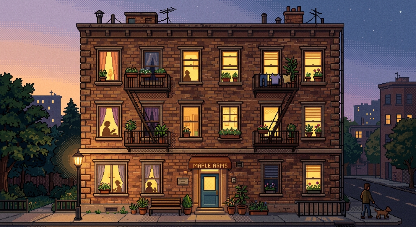 32-bit pixel art of a cozy apartment building at dusk. Warm yellow windows, potted plants, brick textures, soft pastel sky. Checkerboard dithering, subtle grain, lo-fi album art vibe, peaceful and lived-in