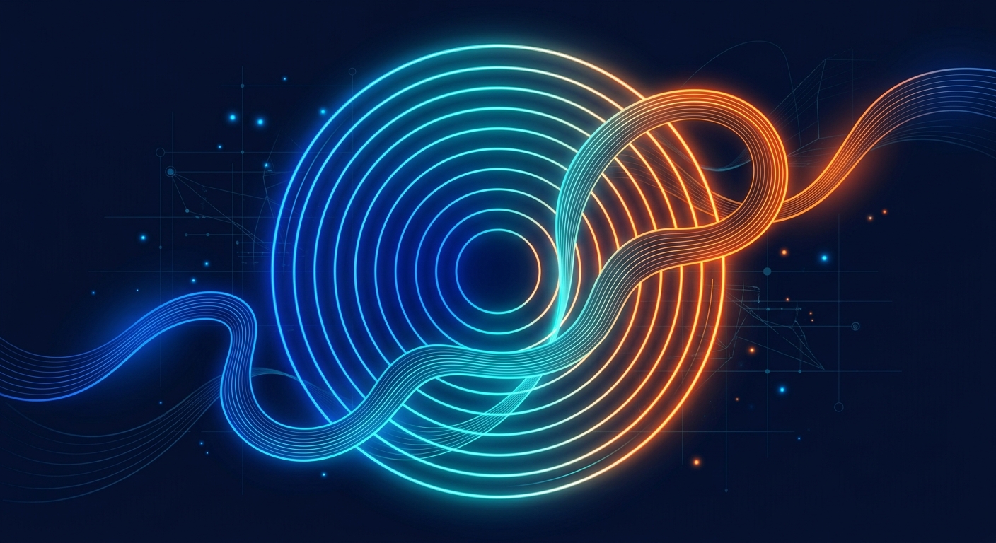 Abstract vector art, concentric thin neon circles intersecting with a fluid organic ribbon pathway, smooth gradient color shift from deep blue to glowing electric orange, dark navy background, clean lines, minimalist techno design, futuristic user interface element.