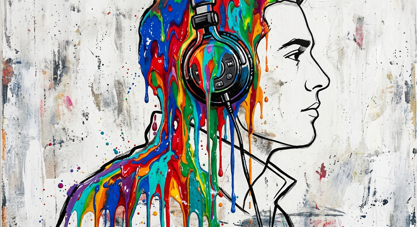 Melting dripping multi-coloured paint from headphones on a outline of a man looking 45 degrees to the image.