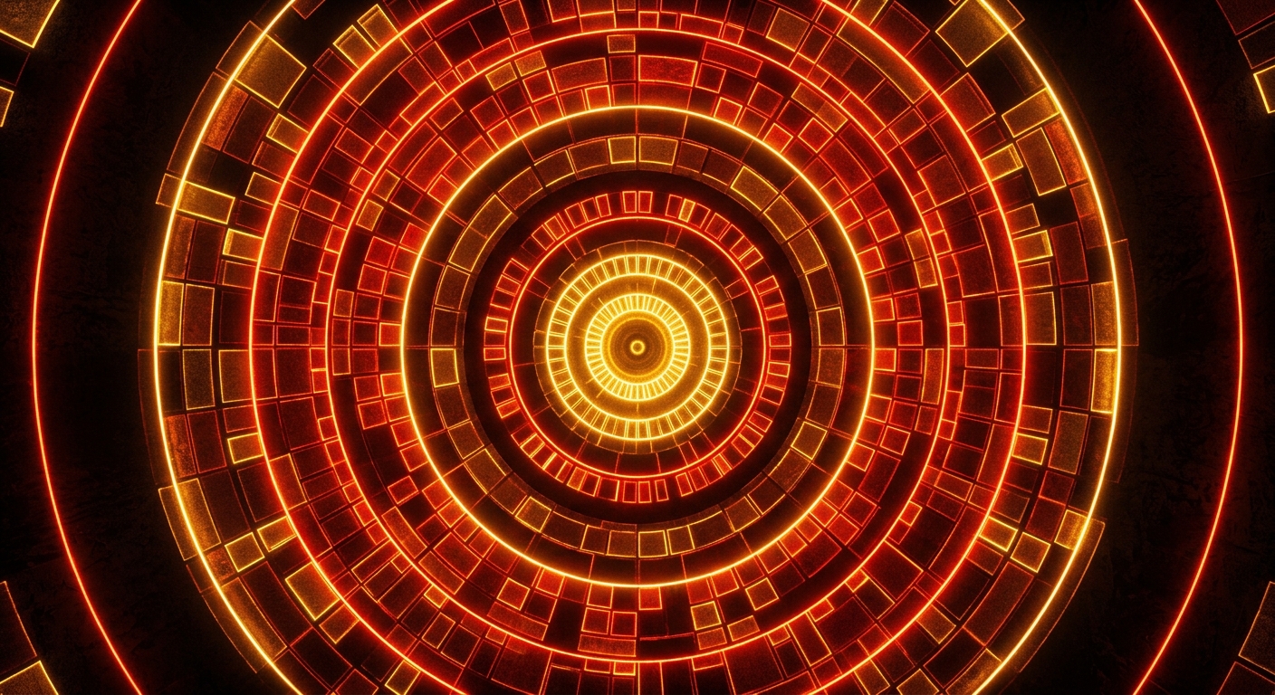 Concentric circles with hard neon lit blocky light patches making a quilt like structure red and gold warm colouring.