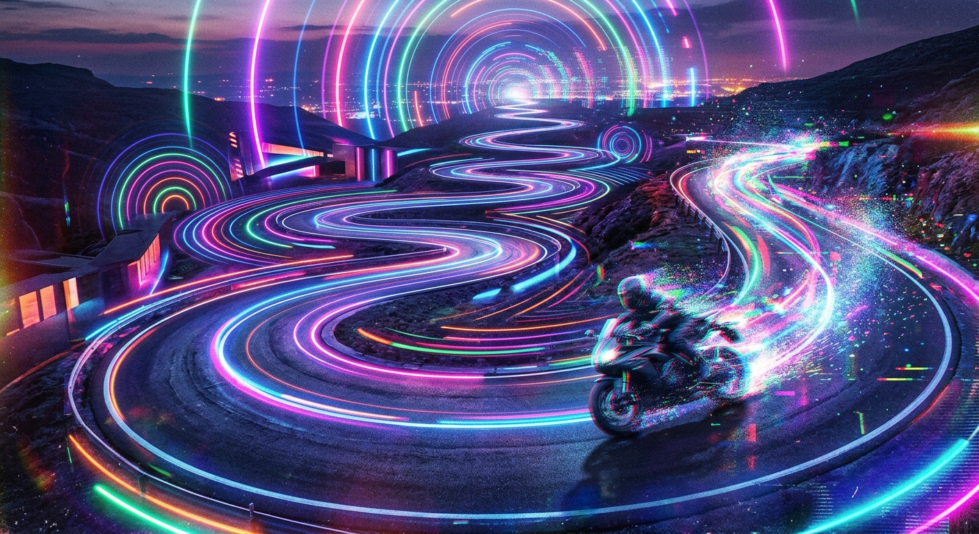 A scenic road meanders and spirals into the distance as a continuous ribbon bending at tight angles, around which, concentric circles of neon light glow. A single motorbike is seen riding the road into the horizon and shimmers with a glitch style shimmer and white noise and fuzz blend the image with neon particles.