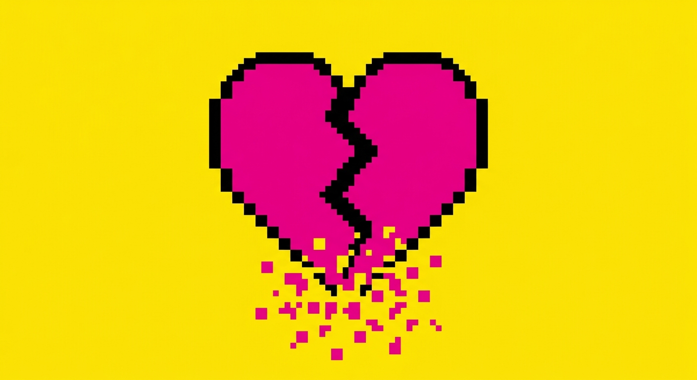 A minimalist 8-bit retro video game icon of a stylized heart geometric shape cracking down the center. The heart is solid vibrant magenta with a bold black outline. Small square magenta pixel shards and tiny geometric fragments explode out from the bottom crack tip. Flat solid bright yellow background, bold contrast, clean graphic layout.