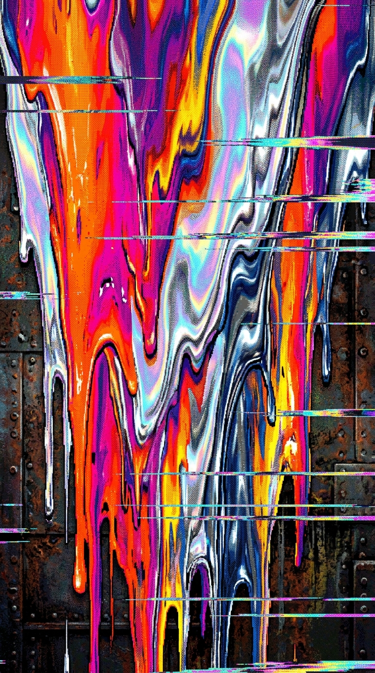 A vertical abstract melting wall of liquid chrome and multi-coloured paint. The liquid drips down the screen, creating a layered texture blend of hot orange, magenta, and holographic silver. Subtle horizontal digital glitch artifacts and scanline textures cross through the melted streaks. 16-bit Sega Genesis style, high-saturation color palette, raw industrial texture.
