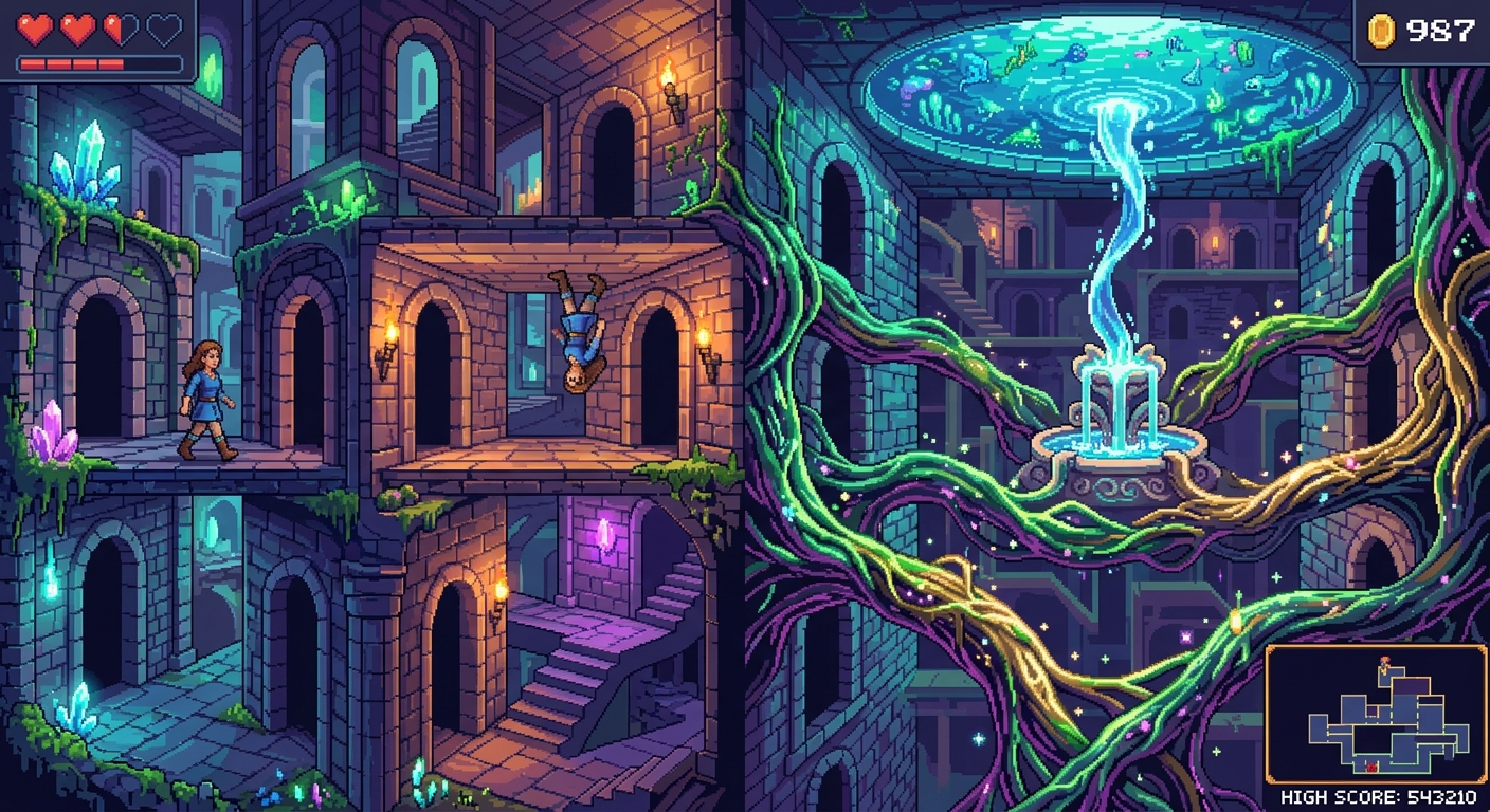 A cross-section view of a magical labyrinth made of interconnected archways and doorways. Walking through one door leads upside down into another part of the same room. Water flows upwards from a fountain into a ceiling pool, and glowing magical roots bridge impossible gaps. 64-bit arcade style, high detail, vibrant dreamlike lighting, complex parallax depth, mind-bending geometry.