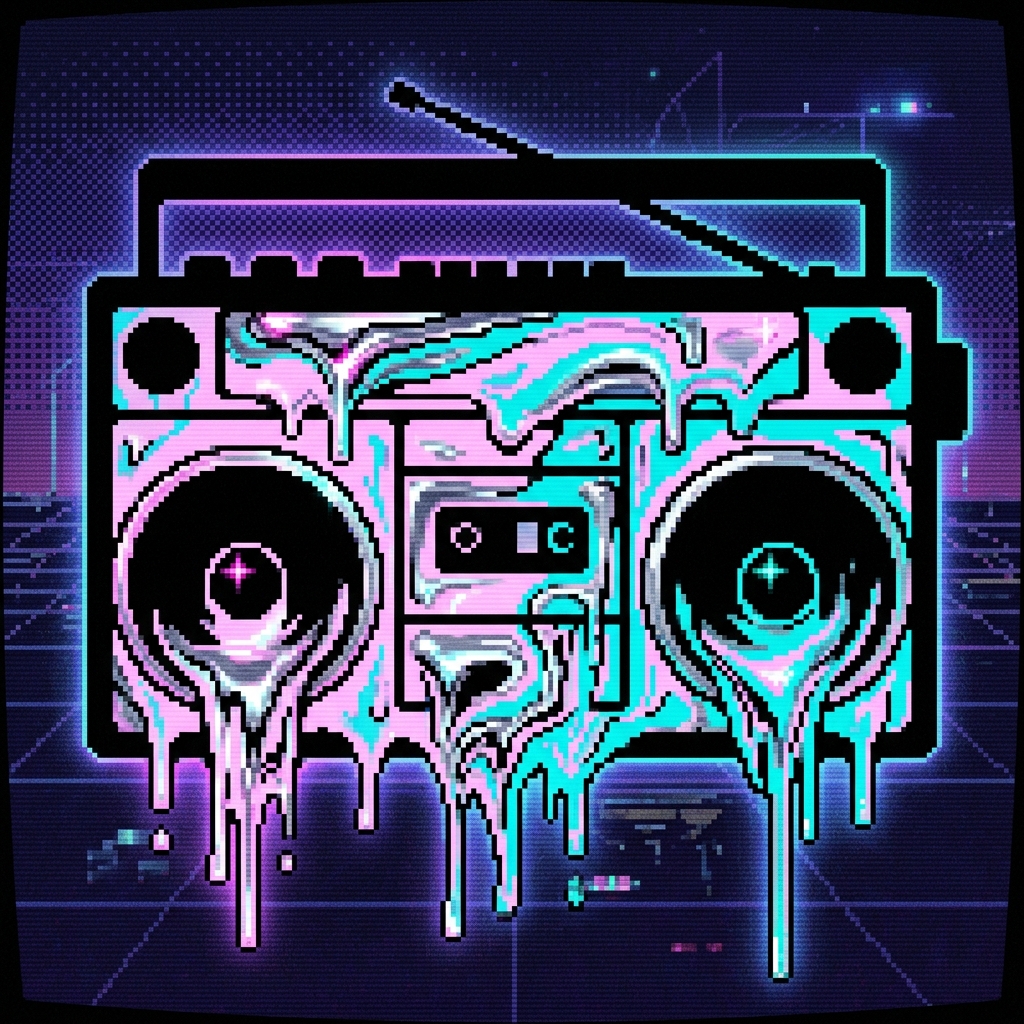 Retro pixel art of a 90s boombox, 16-bit style, sharp black silhouette. Interior filled with melting liquid chrome, pastel pink, and electric teal paint dripping downwards. Checkerboard dithering, scanlines, vaporwave aesthetic, neon glow, high contrast, album cover layout, no text