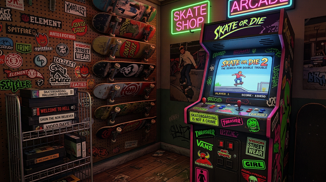 The interior corner of a local skate shop and arcade hangout in 1995. Stacks of VHS skate tapes on a wire rack, a glowing arcade cabinet running a skating video game, skateboards hanging on a pegboard wall, and neon green and hot pink stickers plastered everywhere. Low-angle shot, 64-bit arcade style, horizontal CRT scanline overlays, moody retro interior lighting, detailed pixel clusters