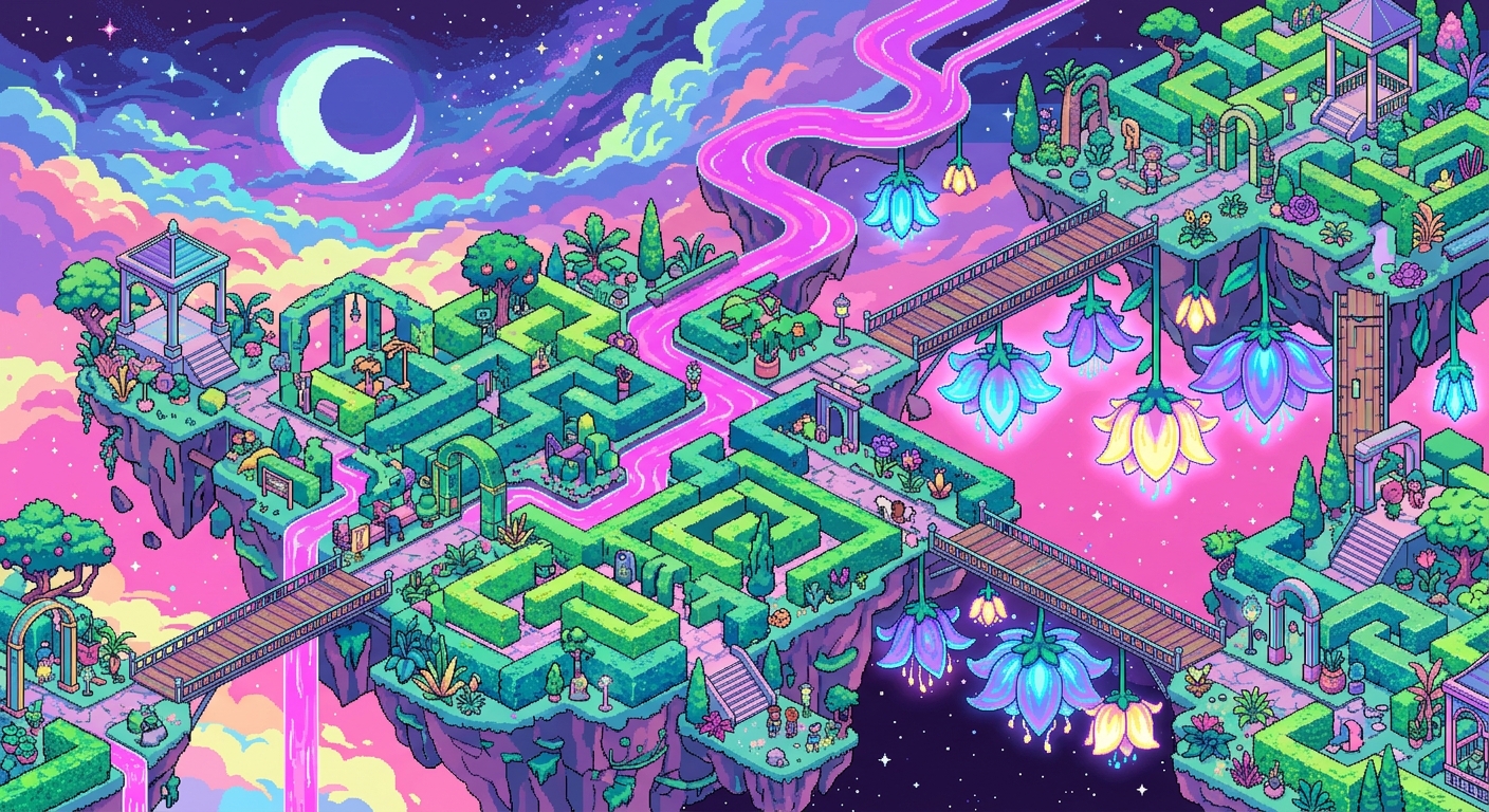 A floating botanical garden where neon pink rivers flow upwards into the sky. Perfect geometric hedges shape an impossible maze, and giant glowing flowers bloom upside down under floating bridges. 32-bit pixel art style, hyper-saturated pastel colors, isometric perspective.