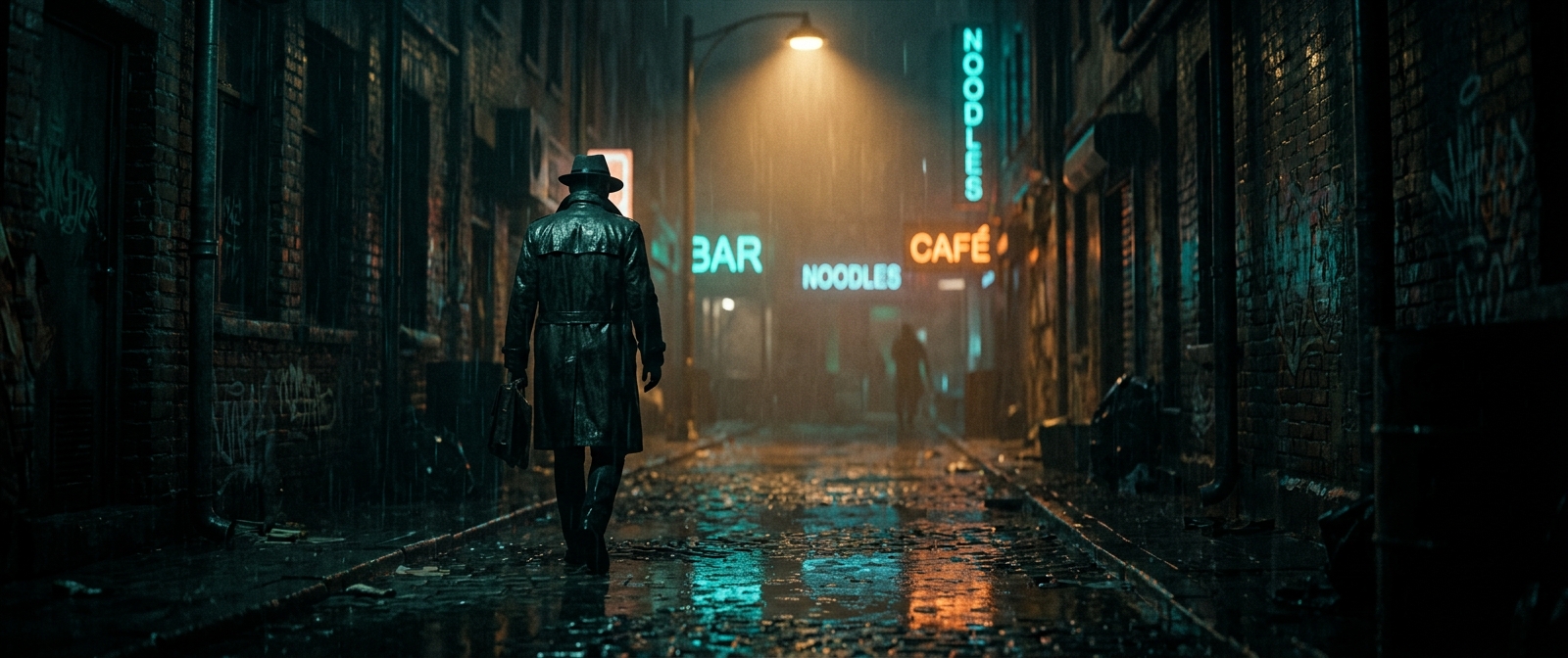 A cinematic film still of a detective in a wet trench coat walking down a rain-slicked city alley at night. A single overhead street lamp casts a cone of warm volumetric light through the fog. Neon sign reflections glow in deep teal and orange across water puddles. Moody atmospheric tension, anamorphic lens flare, shallow depth of field, shot on 35mm film, 2.39:1 aspect ratio.