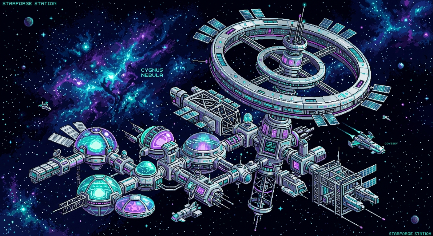 Pixel art space station with weird modular structures. 32-bit style, rotating rings, glowing domes, stars and nebula background. Teal, purple, and silver palette, sharp pixels, sci-fi game aesthetic