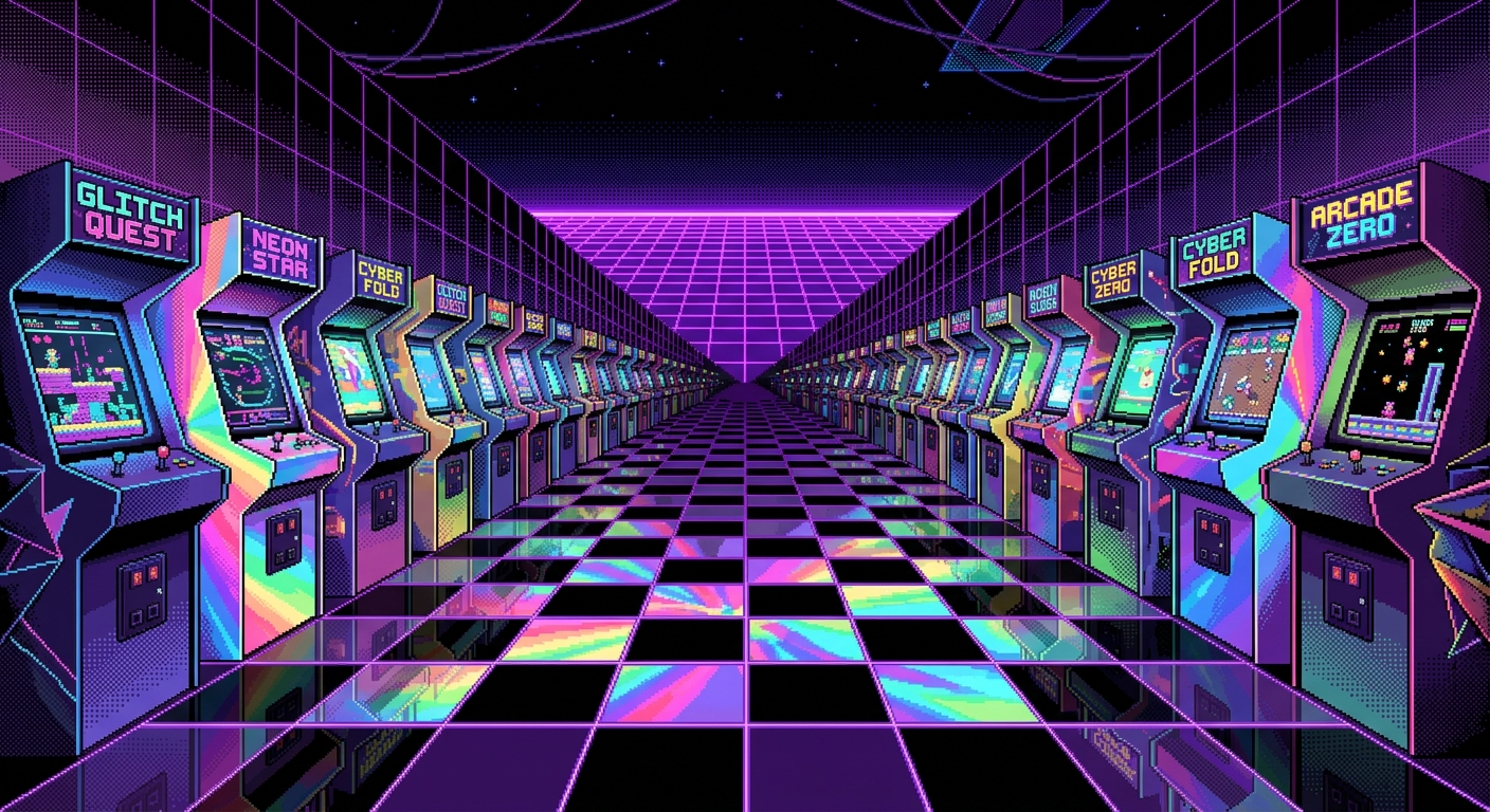 A retro arcade room that stretches infinitely into a neon purple grid horizon. The arcade cabinets fold into themselves like origami, casting kaleidoscopic rainbow lighting onto a reflective black checkerboard floor. 16-bit arcade style, dithered shading, surreal perspective.