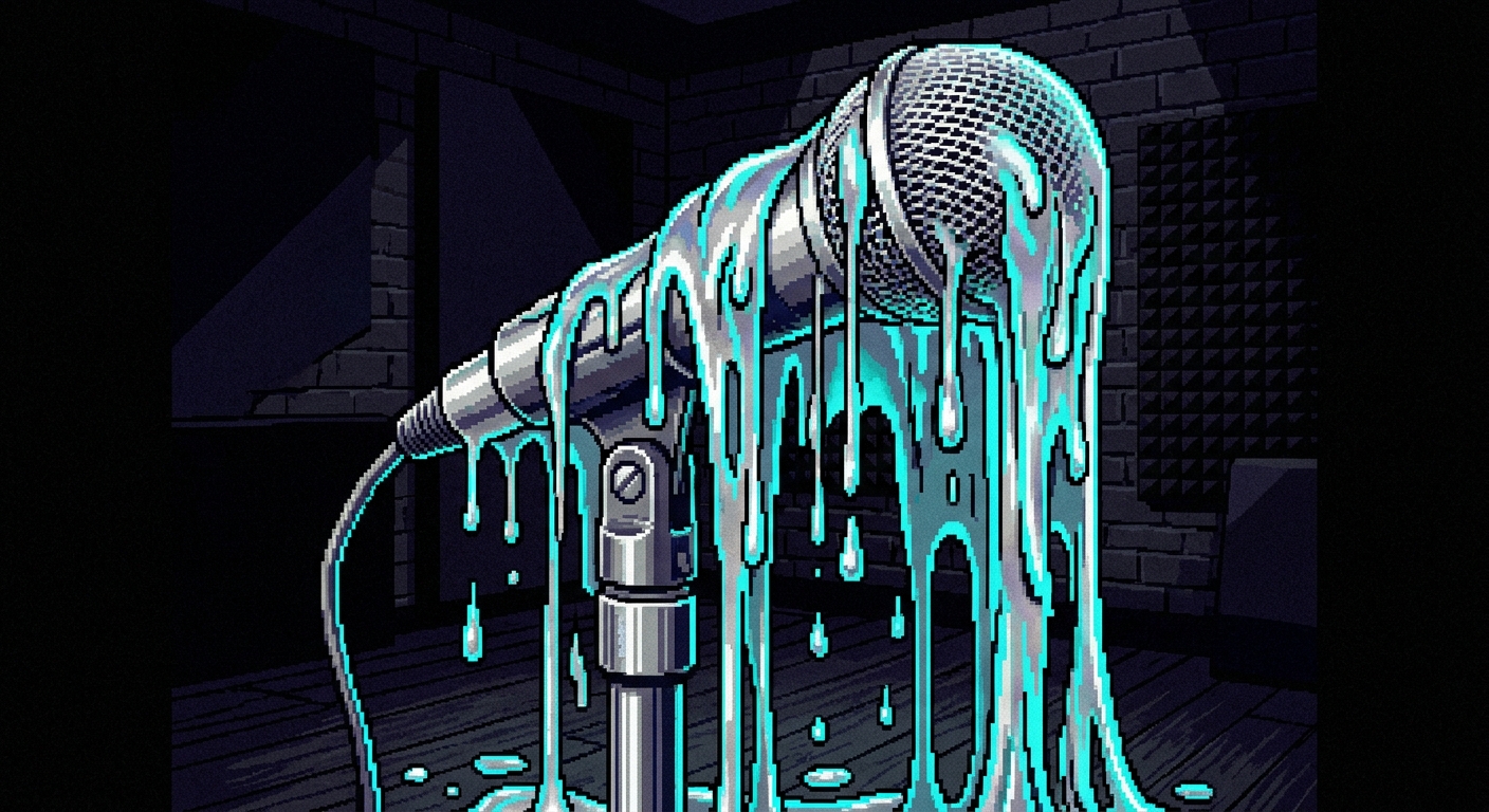 A retro studio microphone on a stand, surrounded by a thick, melting wall of sound waves. The audio waves are visualized as a heavy, dripping sludge of holographic silver and neon cyan that oozes over the microphone body. 64-bit arcade style, high contrast, sharp pixel physics on the drips, cinematic studio lighting with deep shadows.