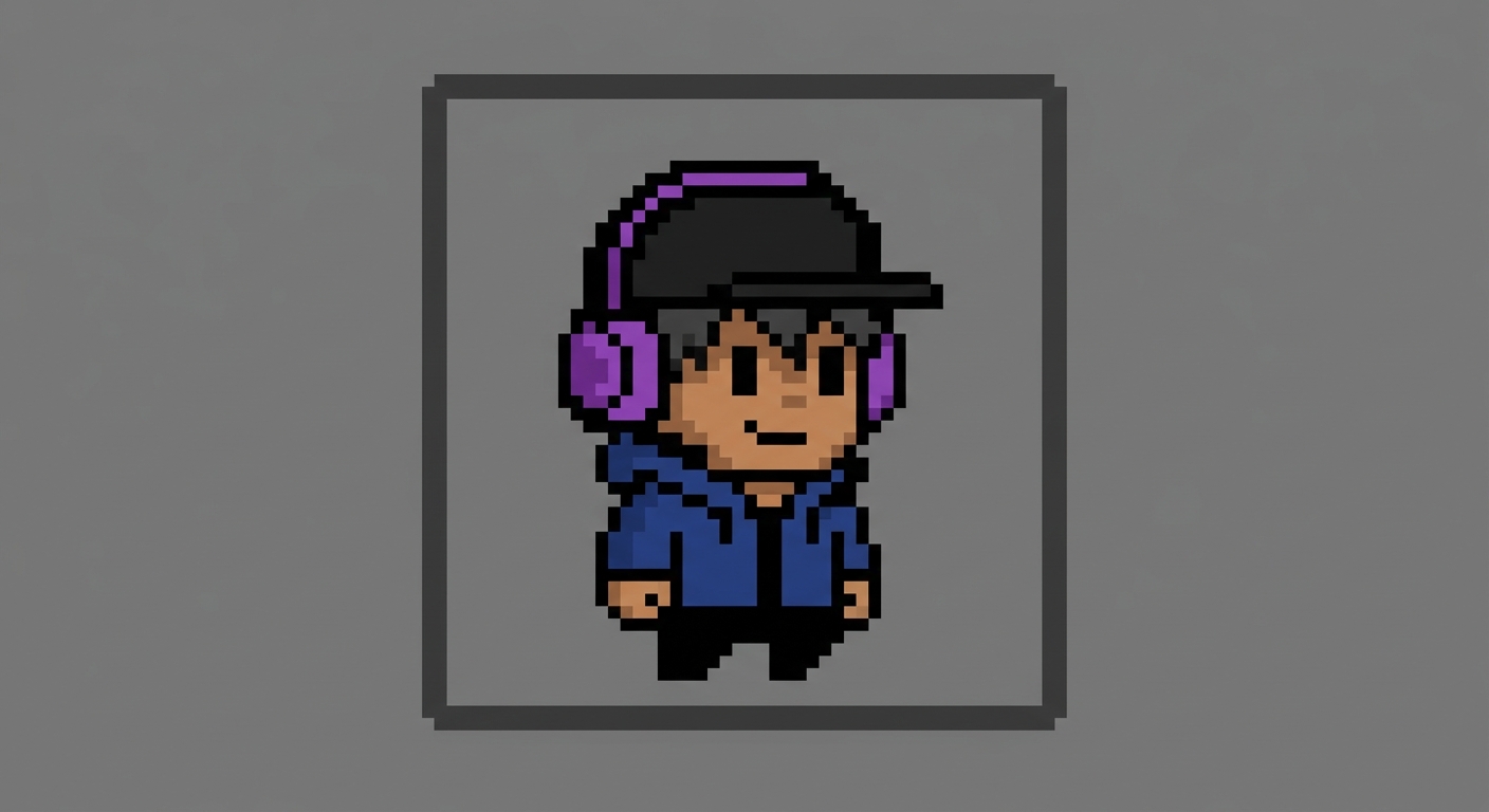 Minimalist 8-bit retro pixel art icon of a guy wearing a black cap and prominent purple headphones. Bold black outlines, flat solid color shading, sharp geometric lines, plain gray background. Classic Game Boy Color game menu art asset style, charming low-resolution pixel grids.