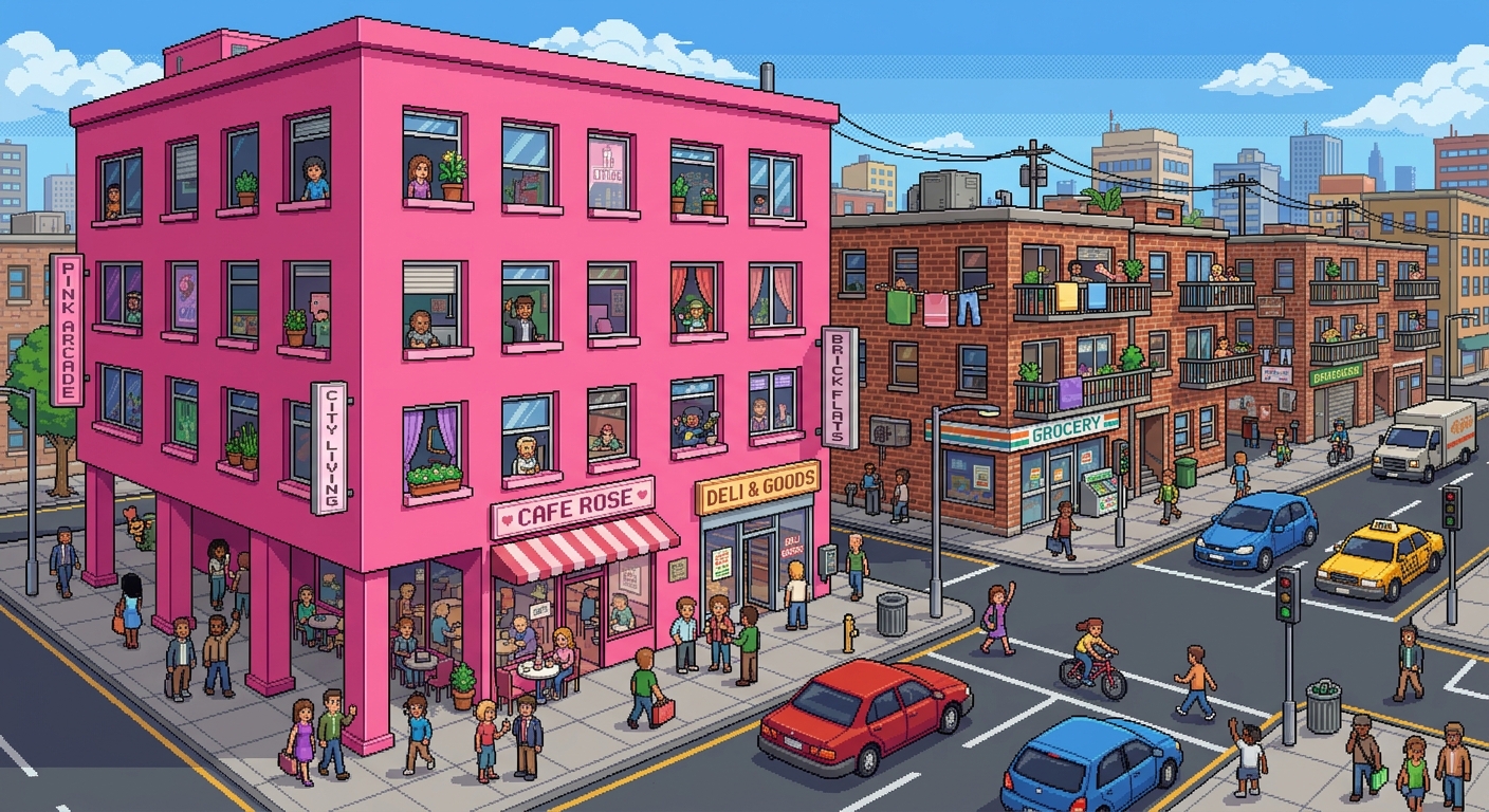 Solid pink coloured walled structure with pillars at the bottom positioned at a 45 degree angle with smaller brick built flats opposite on a city road in solid coloured pixel art with people inside and a lived in vibe to it. In 32 bit pixel art with cars and people dotted around.