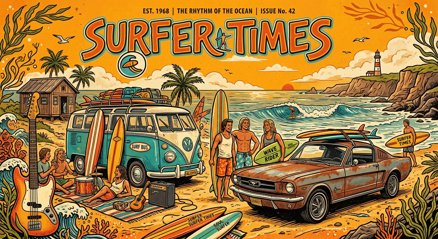 Orange background seaweed poster style picture with cars and surf boards and instruments etc looking ace like a magazine or something called Surfer Times.