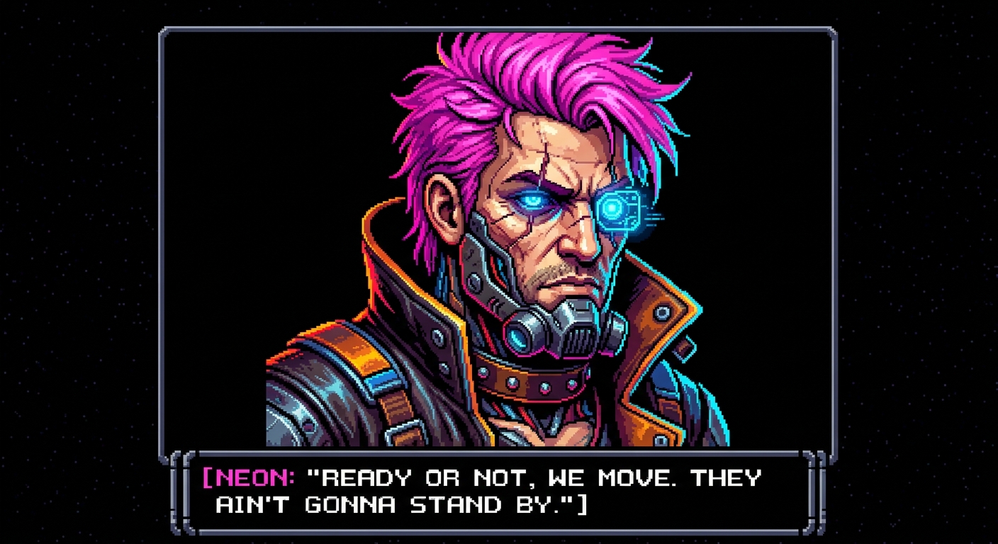A close-up portrait of a cyberpunk cyborg street samurai. Glowing neon blue cybernetic eye implants, metallic jawline plating, spiky neon pink hair, wearing a high-collar leather jacket. 8-bit retro game dialogue portrait style, black background, sharp pixel clusters, high contrast.