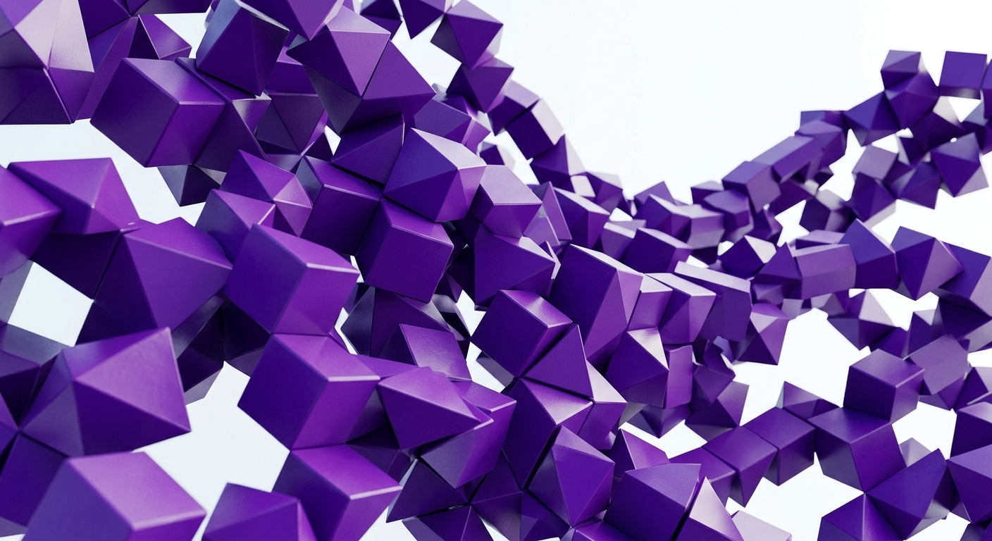 “Interlocking geometric blocks, purple 3D connecting in unison.” on a light high contrast background