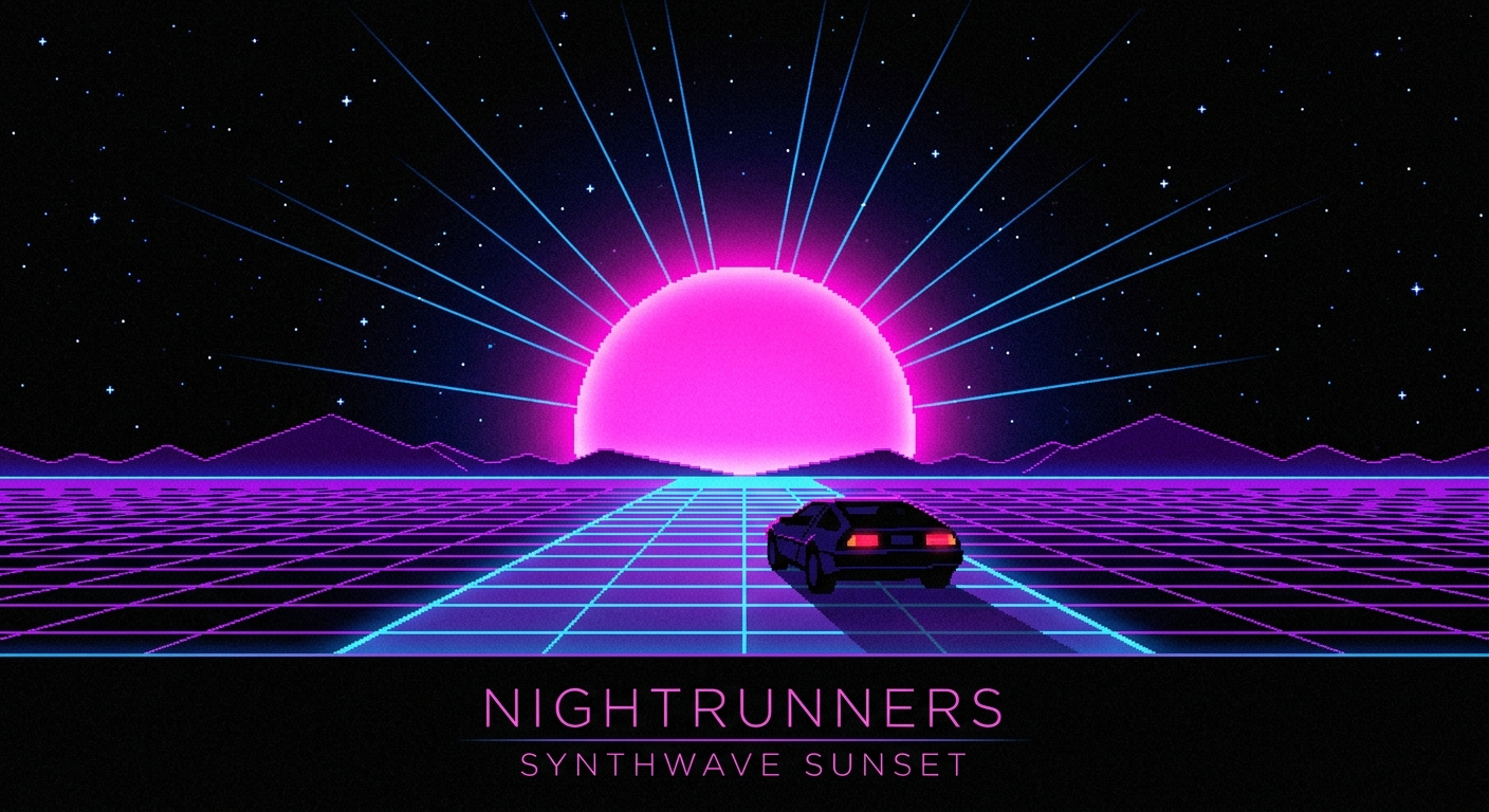 A minimalist album cover layout featuring a huge glowing neon-pink vector sun setting on a sharp purple grid horizon. A single, dark silhouette of a classic retro sports car is driving away into the distance. Clean, thin blue laser beams shoot out from the sun into a pitch-black starry sky. 32-bit pixel art style, hyper-saturated color palette, clean grid lines, classic 1980s outrun aesthetic.
