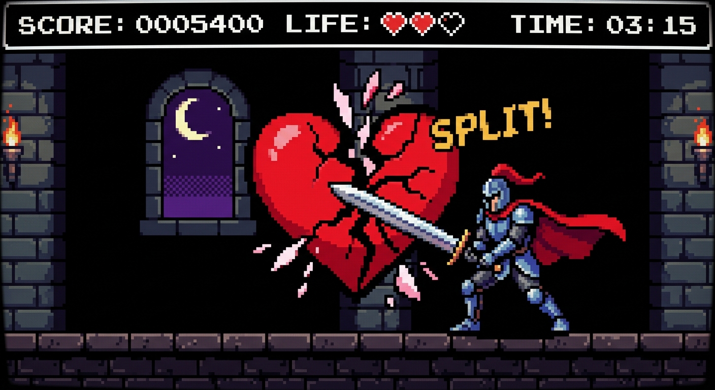 sega genesis 32 bit pixel art of a warrior with sword splitting a love heart