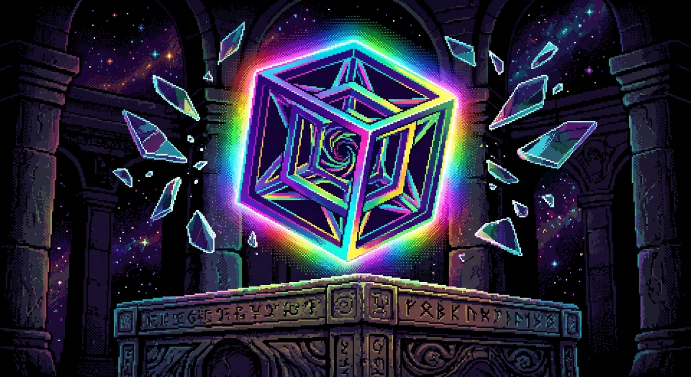 A close-up of a hyper-cube tesseract relic floating above an ancient altar. The cube folds into itself continuously, casting a shifting rainbow-colored light across the stone room. Shards of levitating glass orbit the artifact, reflecting impossible angles of the chamber. 8-bit retro aesthetic, high contrast, cycling glowing color palette, dark cosmic background.