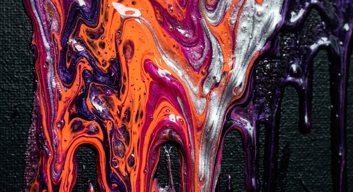 Macro photography of an abstract fluid acrylic paint pour. Thicker layers of glossy neon orange, magenta, violet, and metallic silver paint dripping and running down a dark canvas. Psychedelic marbling patterns, organic liquid movement, vibrant color blending, dynamic flow, subtle glossy reflections, hyper-detailed texture.
