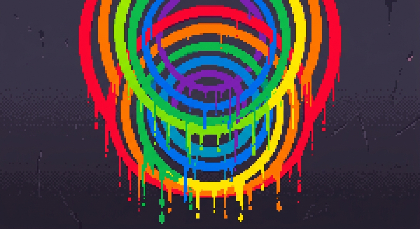 Concentric circles with dripping multi-coloured paint, melting. Pixel art