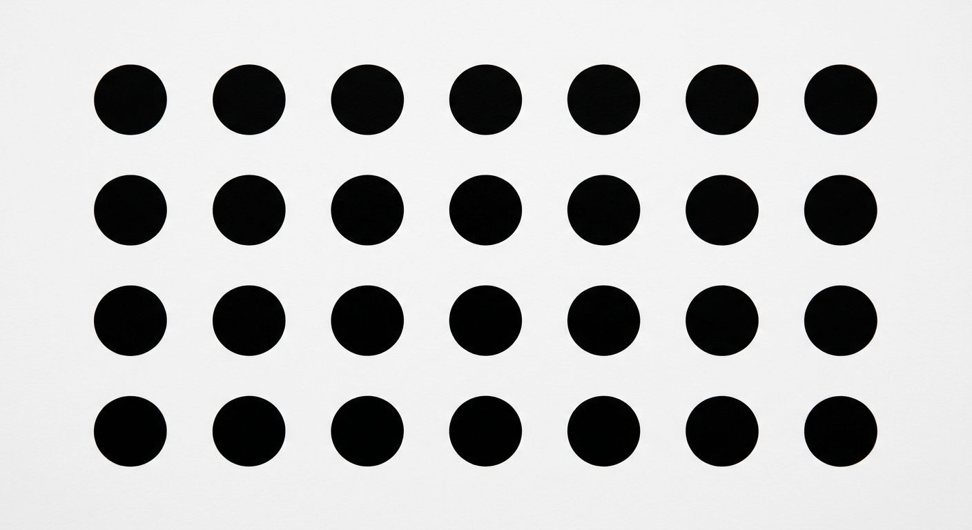 a perfect pattern of round black spots against a white background around 7 across and 4 deep.