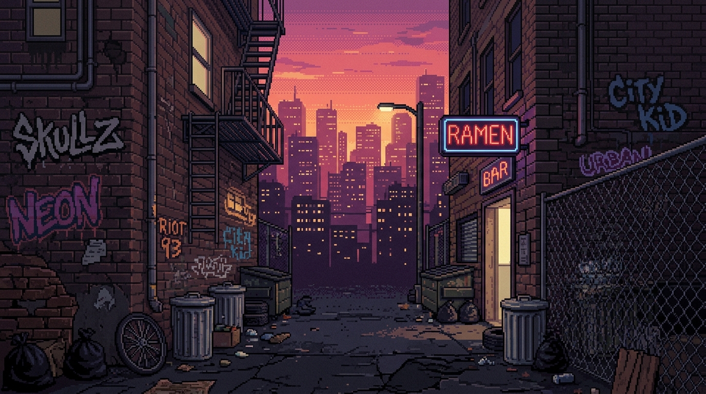 A 16-bit retro game background of an urban city alleyway at sunset. Distant skyscrapers, warm golden-hour pink and purple sky, chainlink fences, and stylized graffiti tags on the walls. Muted nostalgic color palette.
