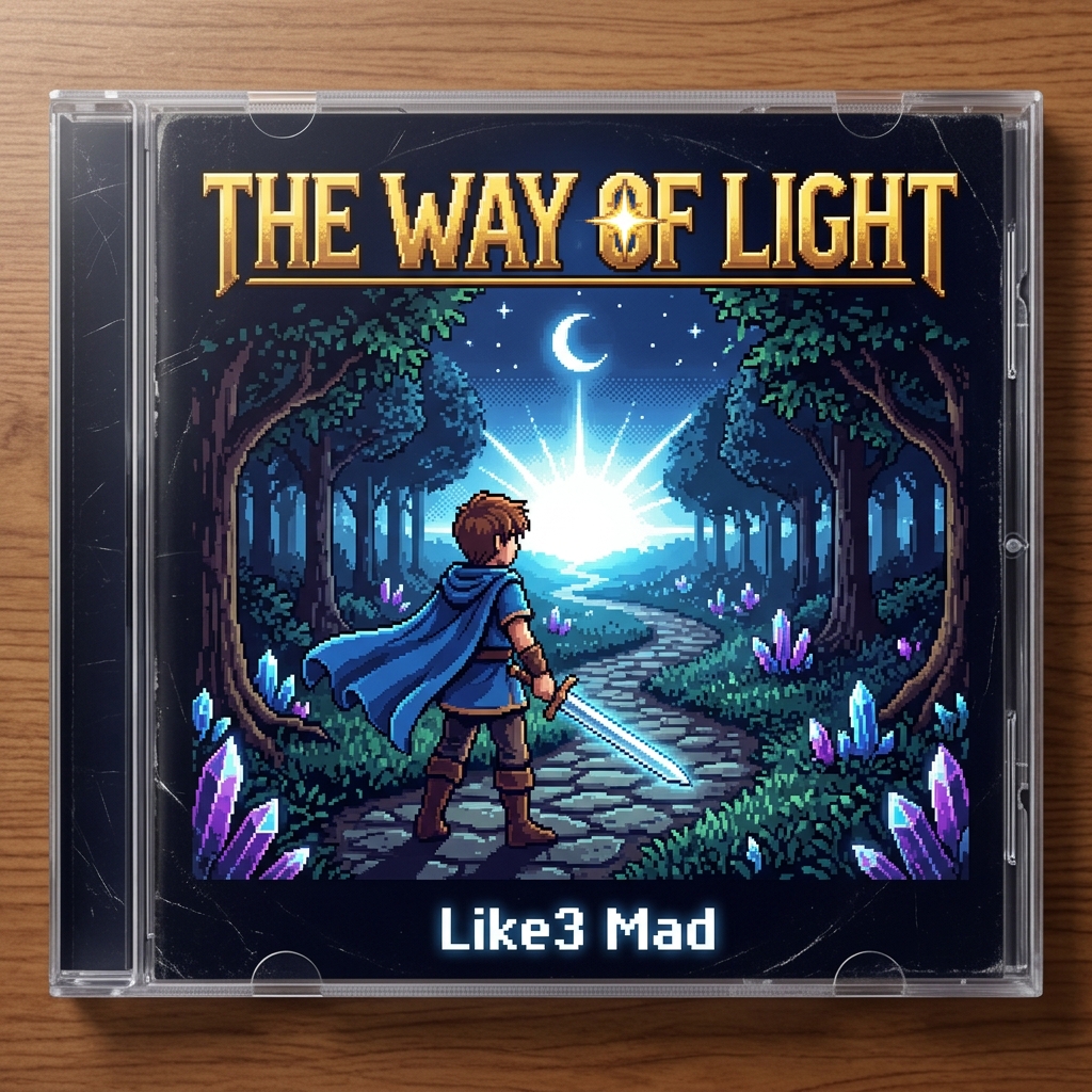 A 16-bit pixel art style retro video game cover inside a clear plastic CD jewel case. At the top, the title text reads "THE WAY OF LIGHT" in a bold, golden, chiseled pixel font with a glowing star or lens flare icon integrated into the middle. The main scene features a young fantasy hero with brown hair, a blue tunic, and a flowing blue cape, holding a glowing silver sword. He stands on a stone path winding through a dark forest at night toward a brilliant, glowing white light on the horizon under a crescent moon. Glowing crystal clusters line the path. At the bottom center, add the text "Like3 Mad" in a smaller, clean, glowing white or silver retro pixel font. The overall layout mimics a classic RPG soundtrack or game box art.