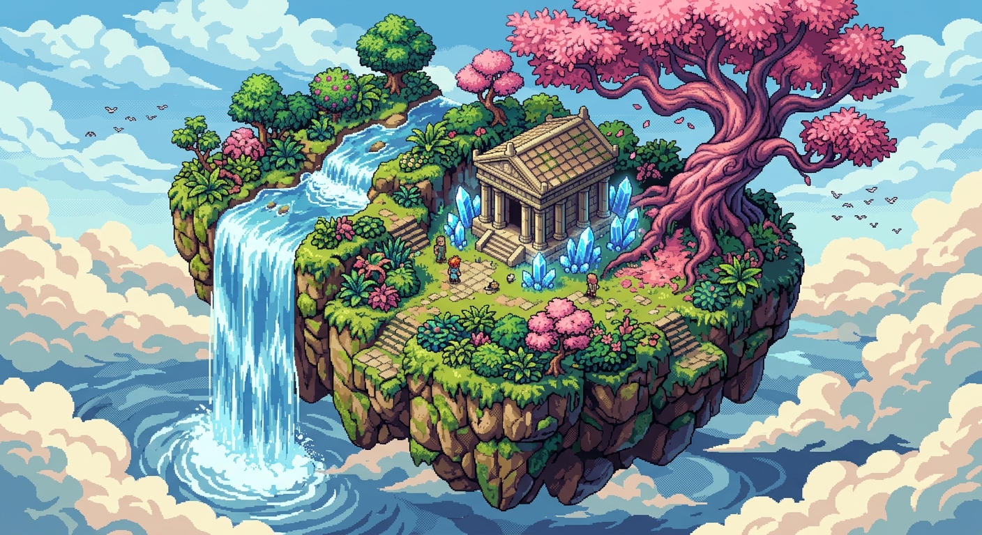 A floating island in the sky with a roaring waterfall cascading into the clouds below. A small, ancient stone temple sits at the center, surrounded by glowing blue crystals and a massive, twisted magical tree with pink leaves. 16-bit Chrono Trigger style, isometric view, vibrant color palette, detailed foliage, dithered shading.