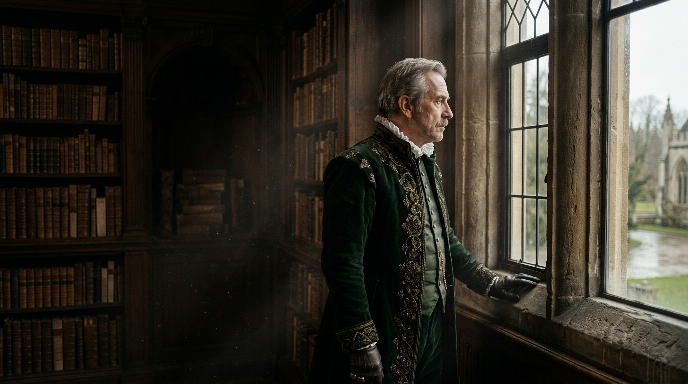 A cinematic portrait of a Victorian-era nobleman looking out from a dark, stone library window. Soft, diffused daylight illuminates the swirling dust motes in the air. Rich textures in the velvet clothing, deep amber and brown color grading, Rembrandt lighting style, painterly composition, shot like a Stanley Kubrick film, 16:9 aspect ratio.