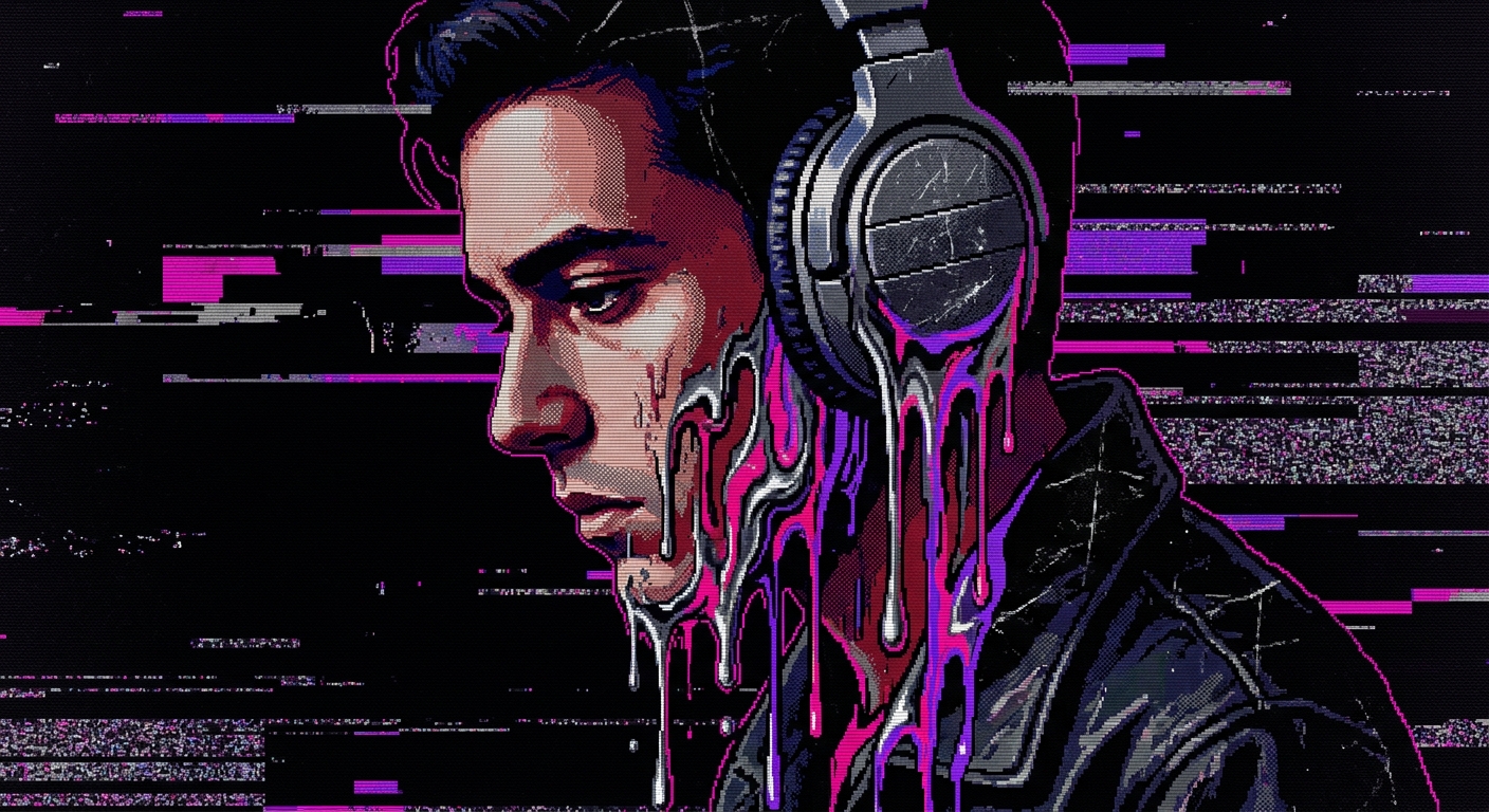 A close-up profile portrait of a guy wearing large over-ear headphones, looking downwards. The lower half of his face and the edges of the headphones are melting and dripping down the canvas in layers of liquid chrome, hot magenta, and electric violet paint. The background is pitch black, broken up by sharp horizontal digital glitch cuts and vintage CRT scanline textures. 16-bit Sega Genesis style, high contrast, raw metallic texture blend.