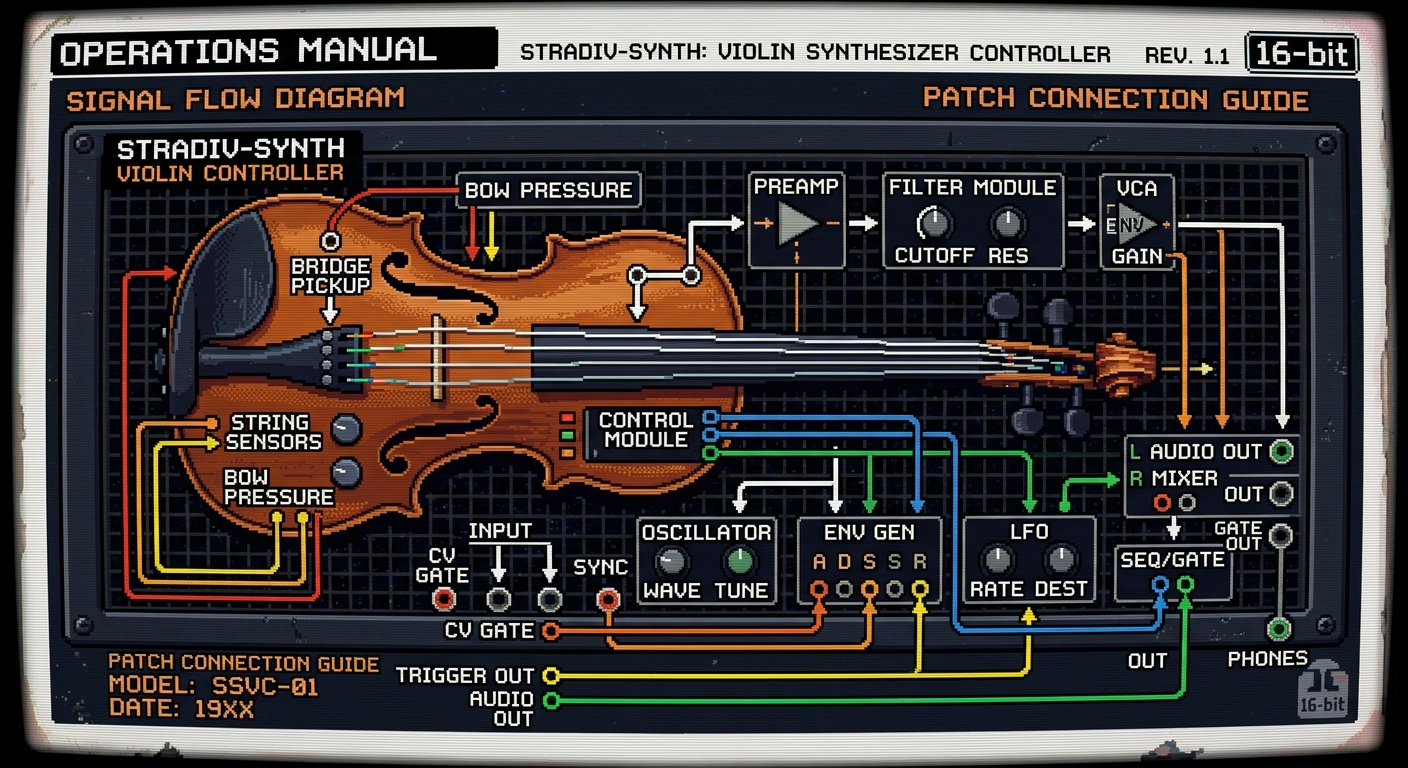 16-bit pixel art style illustration of a retro-futuristic electronics instruction manual page. The image shows a detailed technical wiring diagram for a violin-shaped synthesizer controller. Dithered shading, pixelated technical lines, and clear signal flow arrows connecting different module blocks. Colorful pixelated patch cables (orange, yellow, green) routing between nodes on a dark grid chassis. Text labels like 'SIGNAL IN', 'CV GATE', and 'AUDIO OUT' in a pixel font. Heavy retro-gaming aesthetic, CRT monitor noise texture, nostalgic tech manual illustration.