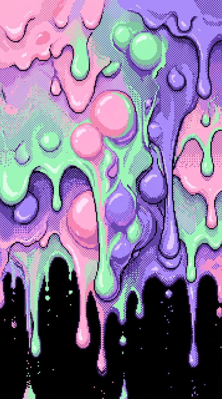 A vertical wall of melting ice cream and gooey slime textures dripping slowly downwards. A soft, dreamlike color blend of pastel pink, mint green, and lavender violet bleeding into one another. 16-bit SNES style, heavy checkerboard dithering, smooth bubble-like liquid shapes, contrasting against a pitch-black background for maximum pop.