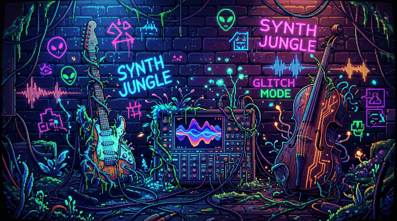 A vibrant 16-bit glitch art illustration of an electronic music backline overgrown by a digital jungle. An electric guitar wrapped in glowing bioluminescent moss, a synthesizer pulsing with liquid crystal waves, and a cello made of cybernetic wood with glowing circuitry lines etched into its body. Floating pixelated spores and neon audio waves drift through the air. Set against a dark, wet brick wall covered in animated neon graffiti. Heavy pixel noise, chromatic aberration, retro synth-wave color scheme.