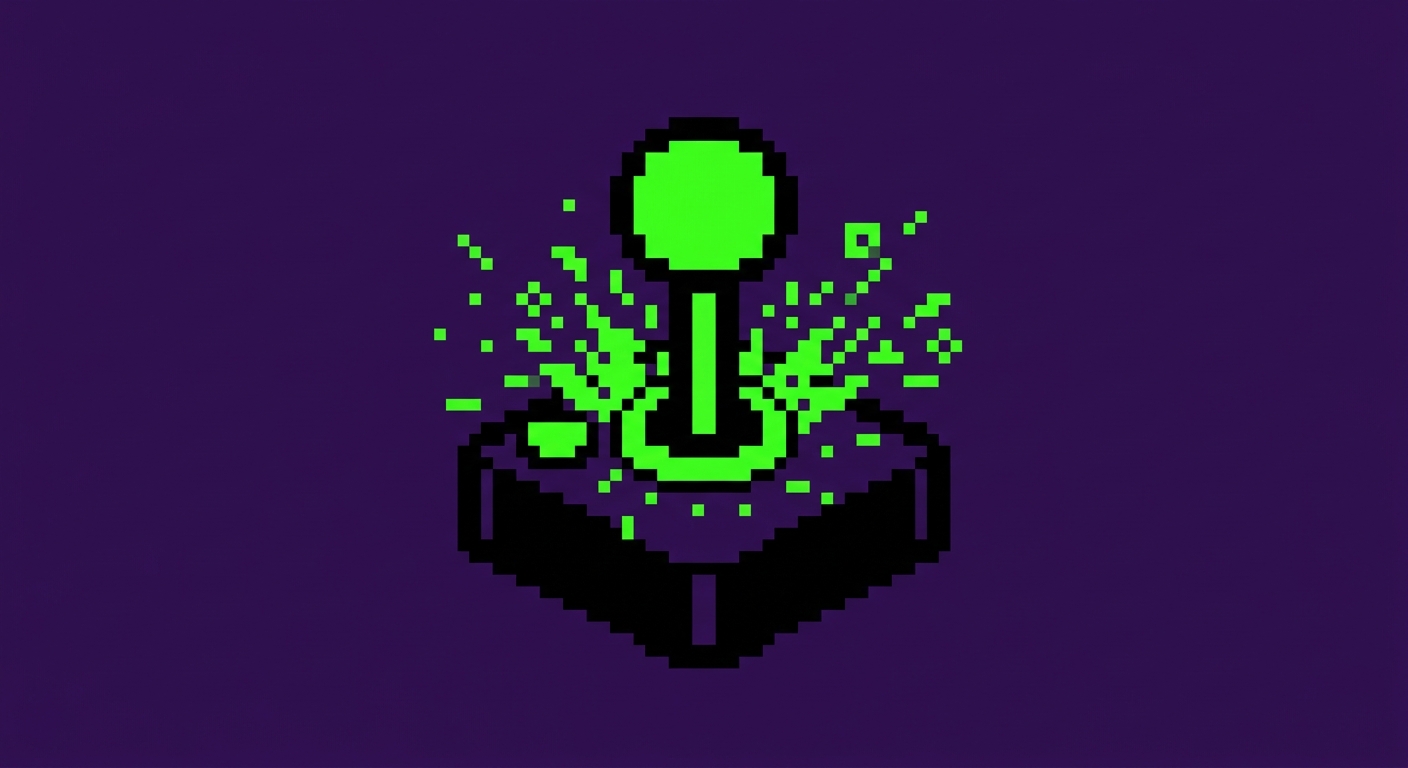 A minimalist 8-bit retro video game icon of a classic arcade joystick controller. The base is solid black with a bold black outline, and the ball-top stick is a vibrant neon green. Tiny square neon green pixel shards and geometric digital sparks explode outward from the base ring. Flat solid deep purple background, clean color blocking, high contrast.