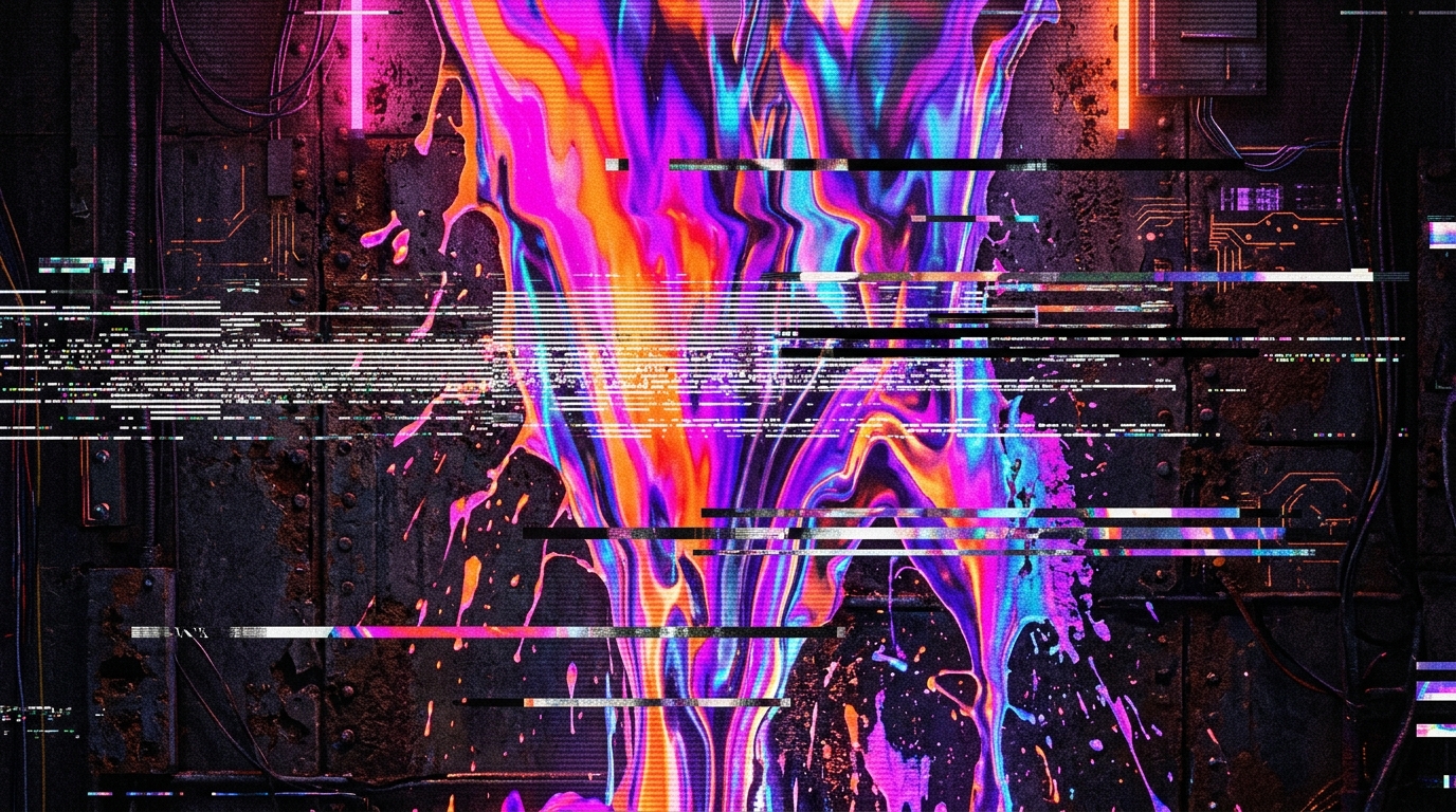 Abstract glitch art wallpaper. A cascading waterfall of melting holographic paint and iridescent fluids, corrupted by horizontal data tracking lines, static noise, and interlaced scanlines. Dominated by neon magenta, brilliant orange, and deep ultraviolet tones. The vibrant fluid contrasts sharply against a gritty, textured dark iron backdrop. High-tech low-life, synthetic cyberpunk energy.