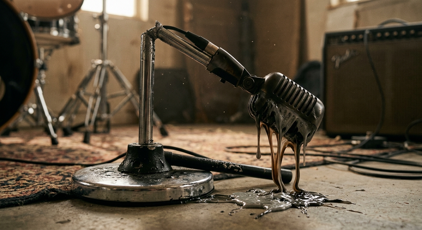 A microphone on a mic stand that's flopped over and melting and dripping