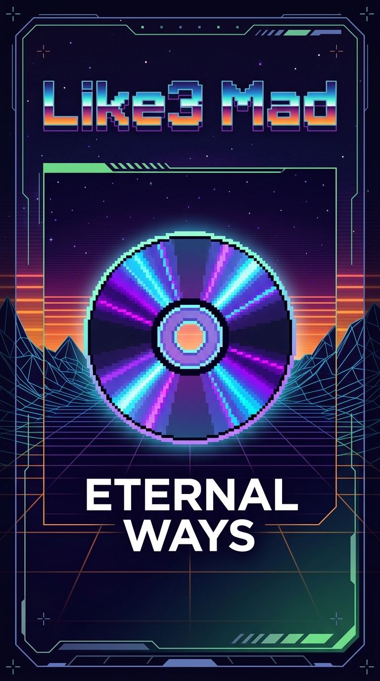 A vertical gig poster with a cyberpunk synthwave theme. The central graphic features a highly detailed pixel-art illustration of a glowing iridescent CD against a background of wireframe mountains and neon horizons. The entire image is framed by a tech-hud border layout with small crosshairs. Bold, blocky arcade-style text at the top reads "Like3 Mad". Directly underneath the central graphic, the words "ETERNAL WAYS" appear in high-contrast white. 64-bit arcade style, clean UI text elements, sharp pixel clusters, dark cosmic theme.