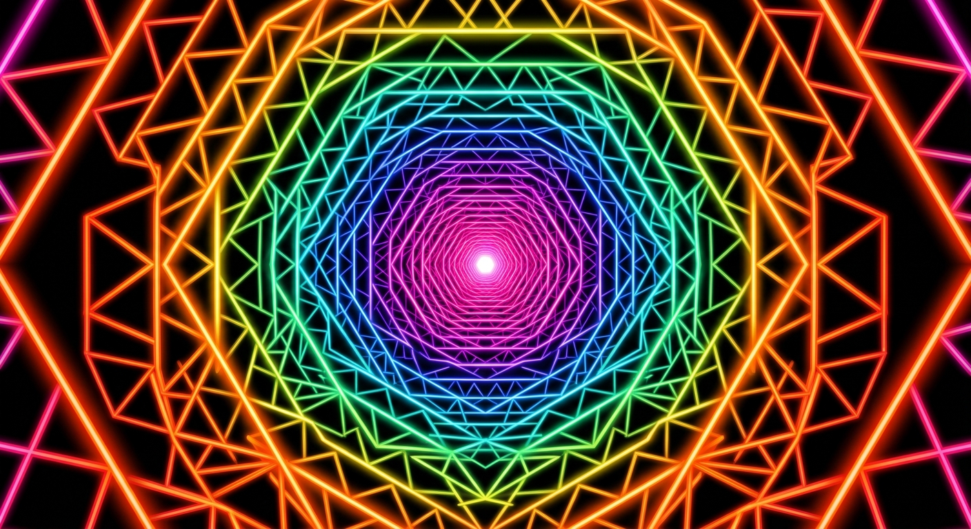 An infinite, mesmerizing tunnel made of concentric neon hexagons shrinking toward a central point. Interlocking sharp neon triangles woven into the framework. Vibrant rainbow gradient color shift from a hot pink center to glowing orange outer edges, stark black background, vector style precision, cyberpunk portal aesthetic.