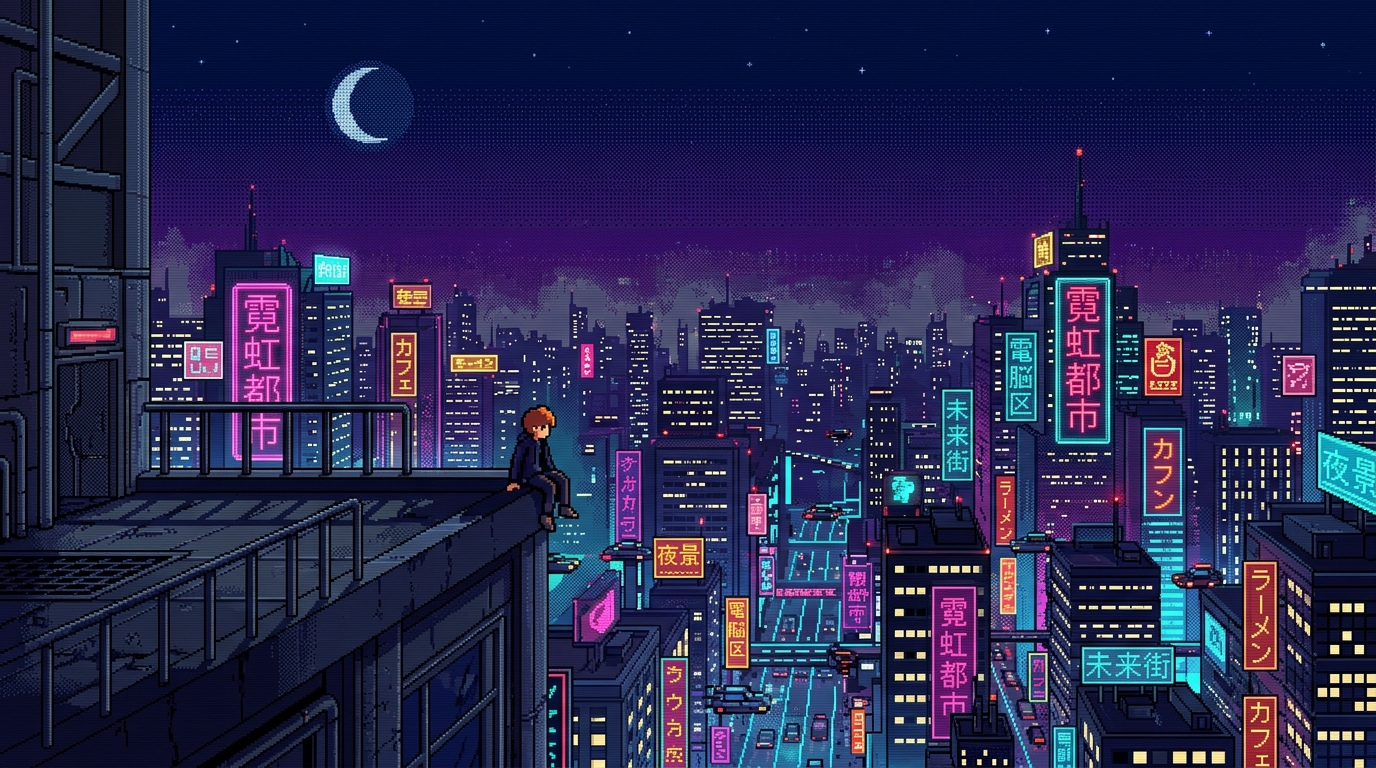 A wide shot of a lone figure sitting on the edge of a high-tech skyscraper rooftop at midnight, looking out over a massive pixelated neon metropolis. Towering buildings with glowing pink and cyan kanji signs stretch into a smoggy sky, with flying vehicles weaving between them. 16-bit SNES style, cinematic lighting, purple and dark blue color palette, fine dithered shading on the sky gradient.