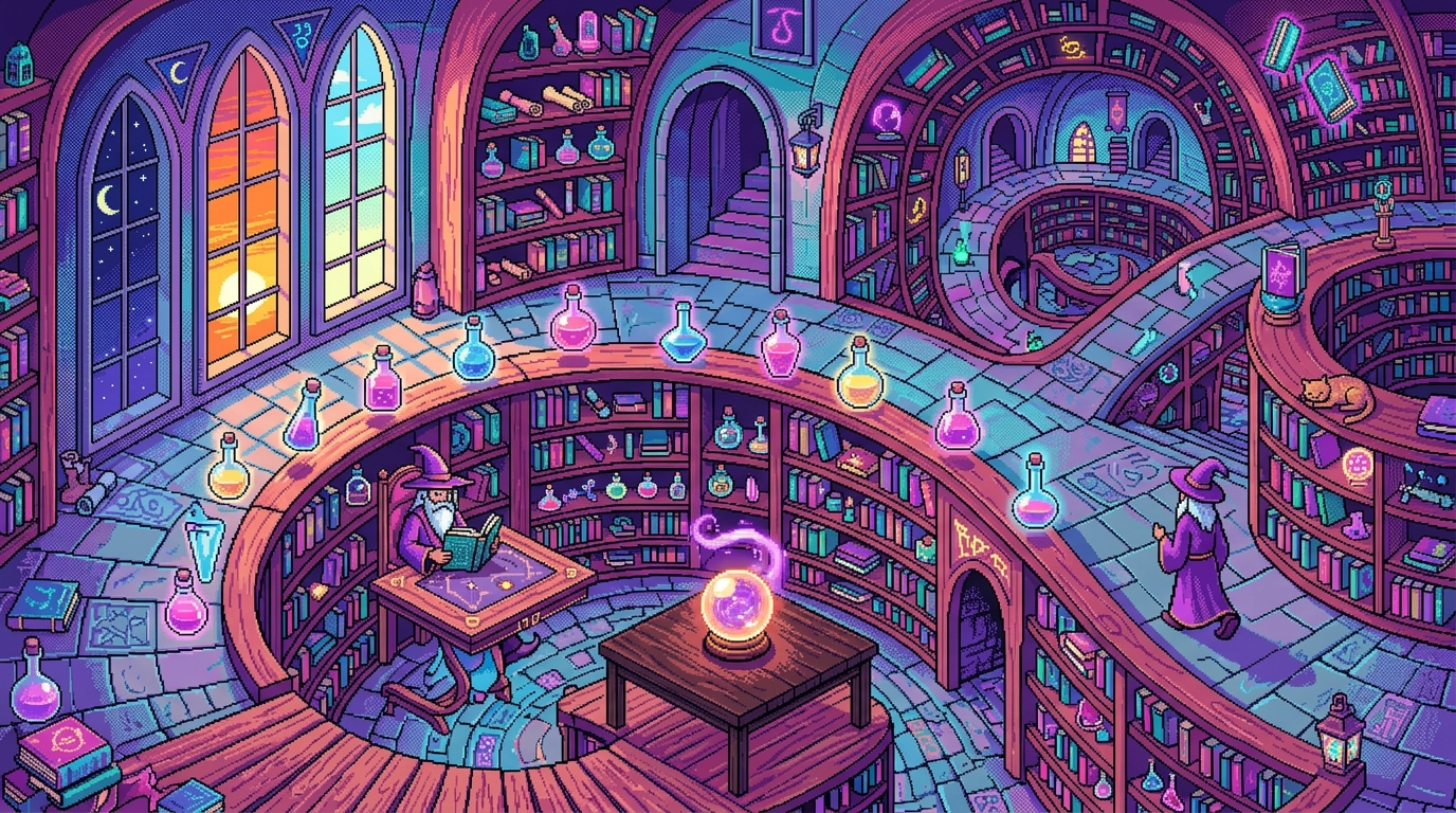 A magical library room where walls curve into floors and bookshelves stretch into the fourth dimension. Glowing potion bottles float horizontally, window views show different times of day simultaneously, and a crystal ball sits on a table that is both upside-down and right-side up. 16-bit SNES style, isometric view, hyper-saturated pinks, purples, and teals, dithered shading, surreal aesthetic.
