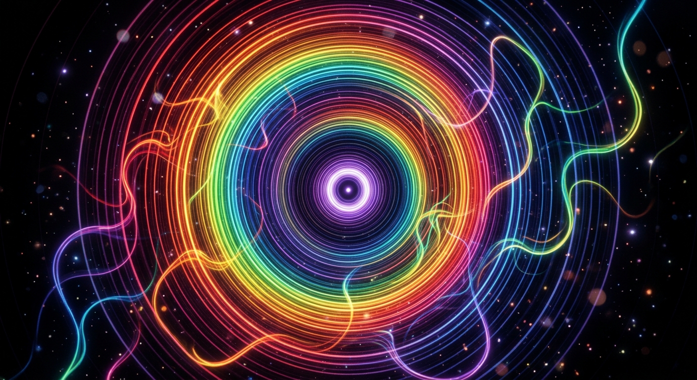 infinite vortex of concentric circles with a high contrast dark background. Subtle lens flare particles intersected by fluid organic wavy paths. Vibrant full-spectrum rainbow gradient