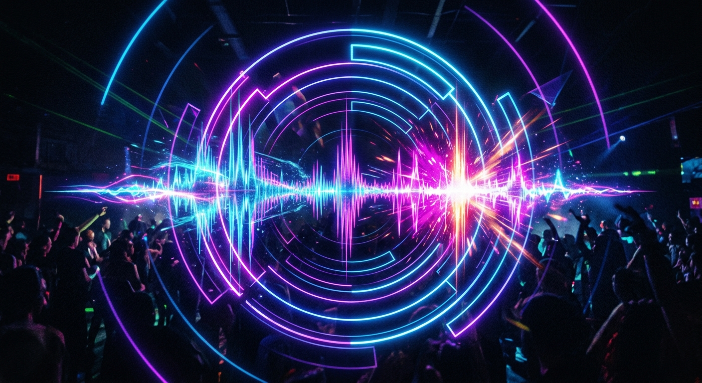 Electronic soundwave that pulses with traces of a hard hitting drum machine and a holographic neon glow of a synthesizer playing a techno driven arpegiator. Parts of concentric circles form with a high contrast dark background.
