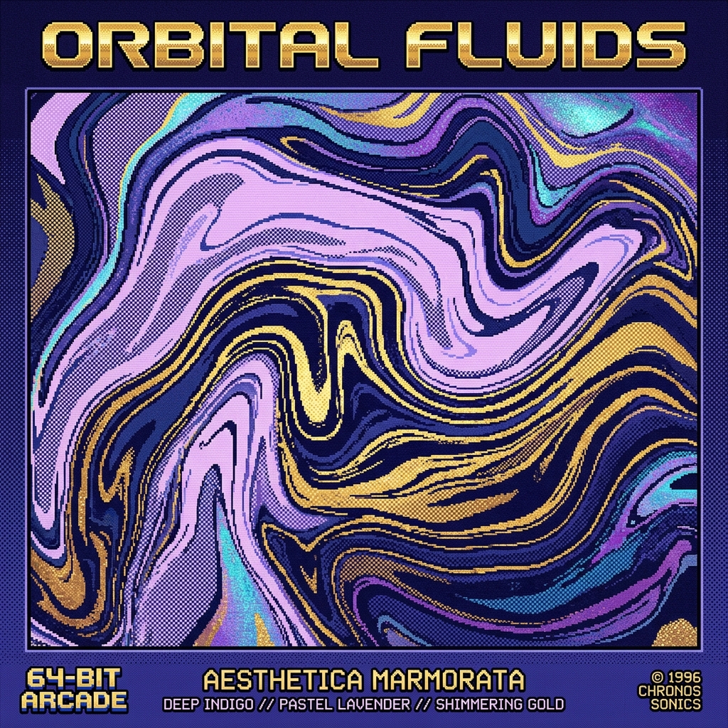 An abstract macro shot of oil-and-water marbling, reimagined in a classic video game style. Waves of deep indigo, pastel lavender, and shimmering gold metallic ink bleed and mix together in impossible, non-Newtonian fluid waves. 64-bit arcade cinematic style, intricate checkerboard dithering, rich textured layers, dreamlike ambient album art layout.
