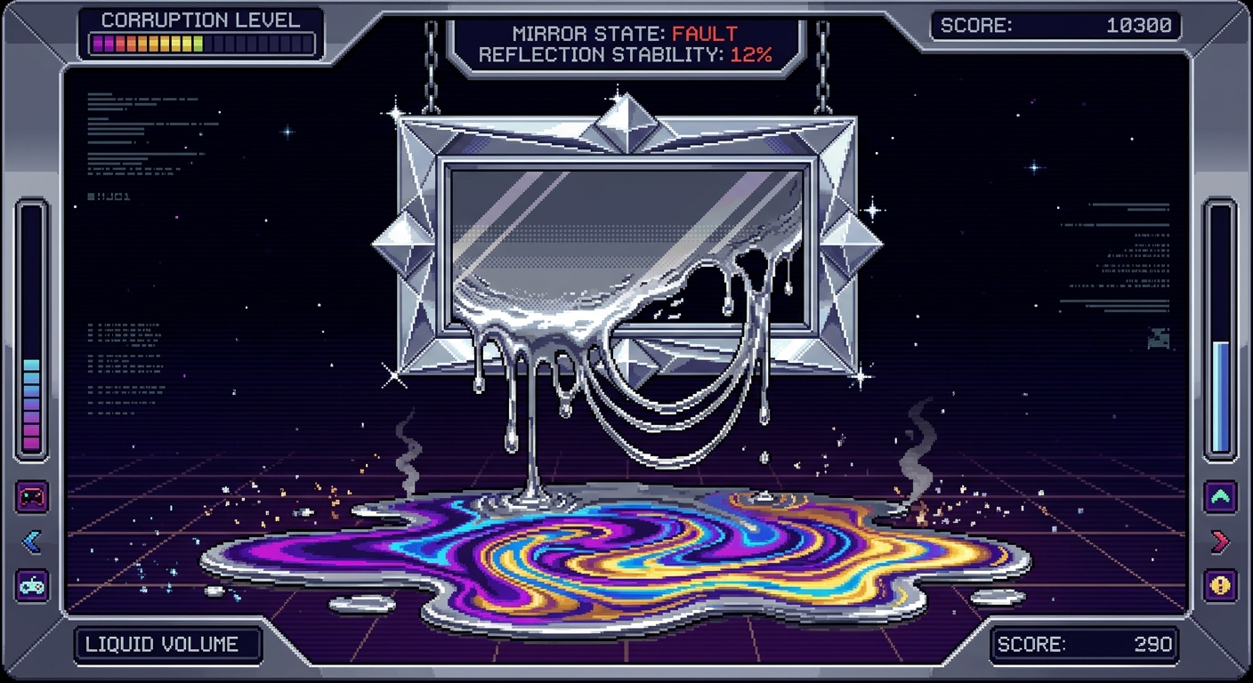 A perfect geometric silver mirror frame hanging in mid-air, but the glass inside is melting out of the bottom like liquid mercury. The dripping silver puddle on the floor reflects a distorted, swirling rainbow gradient of neon purple and gold. 64-bit arcade style, clean UI borders, rich metallic reflections, intricate dripping pixel physics layout.